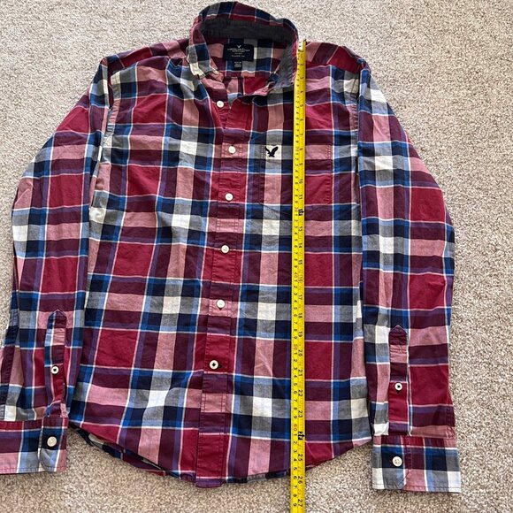 American Eagle Embroidered Red White Blue Plaid Preppy Button-down Long Sleeve M - Picture 4 of 6
